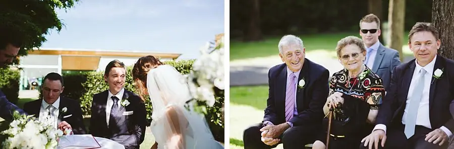 Two photographs of the couple at the signing table and seated guests watching.