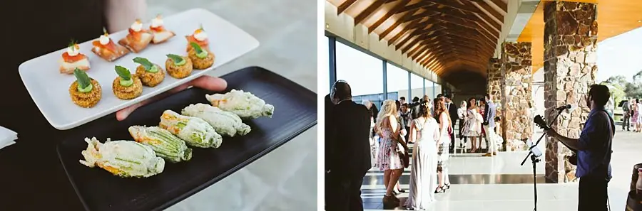 Two photographs of trays of canapés and guests gathering beneath a covered walkway.