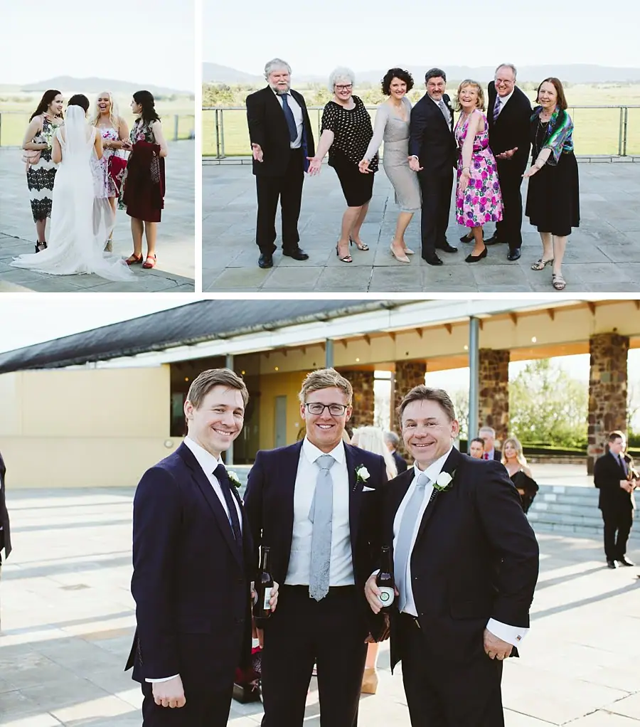 Three photographs of wedding guests posing outside the reception building.