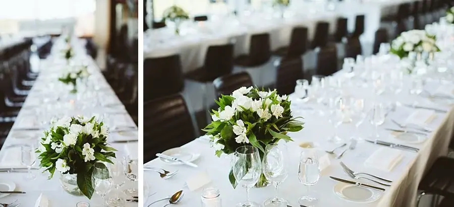 Two photographs of white-flower centrepieces along long reception tables.