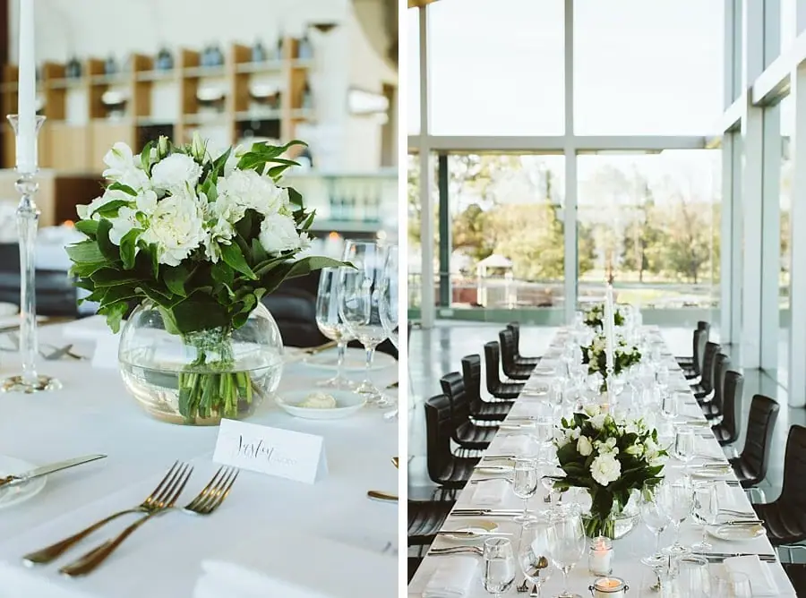 Two photographs of white bouquets and candles decorating a long reception table.