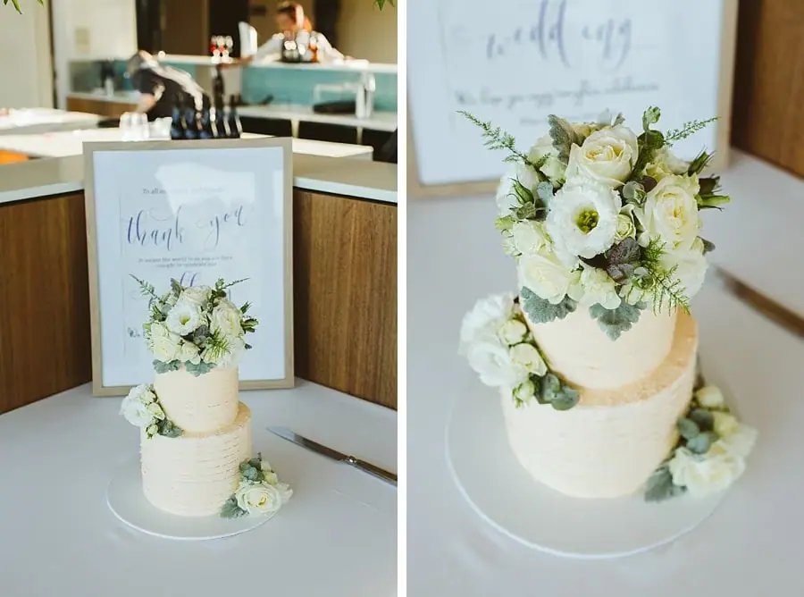 Two photographs of a tiered wedding cake decorated with white flowers.