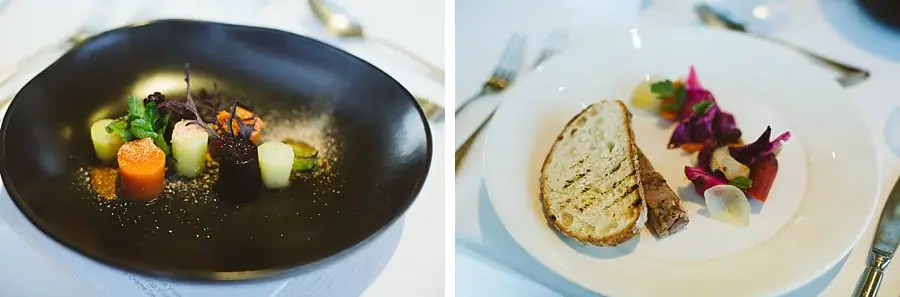 Two photographs of plated reception meals.