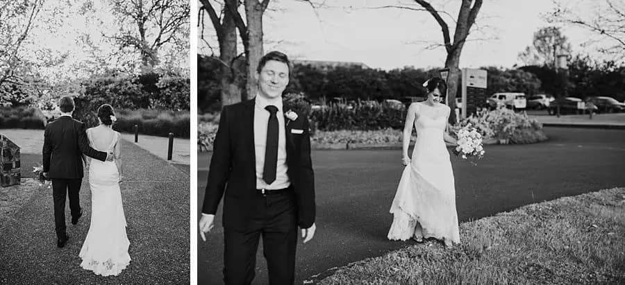 Two black-and-white photographs of the couple walking together beside a garden lawn.