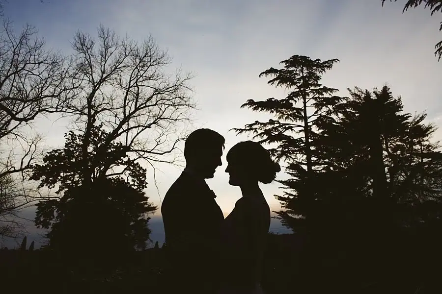 Bride and groom silhouetted against the evening sky and trees.