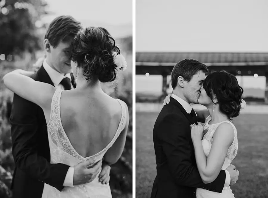 Two black-and-white photographs of the bride and groom embracing and kissing.