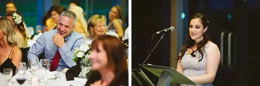 Two photographs of a seated guest reacting and a woman giving a reception speech.