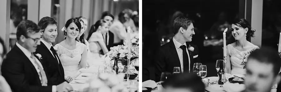 Two black-and-white photographs of the couple smiling at the reception table.