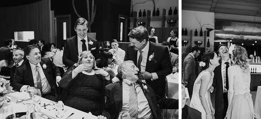 Two black-and-white photographs of guests laughing together at the reception.