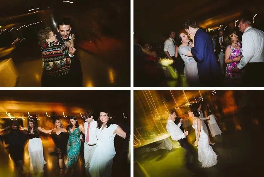 Four photographs of guests dancing beneath warm reception lights.