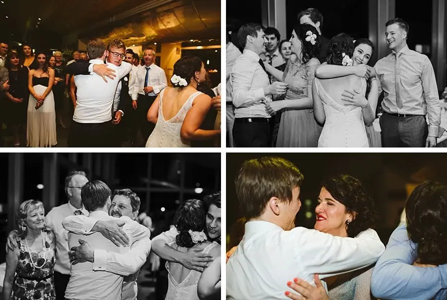 Four photographs of wedding guests embracing and dancing together.