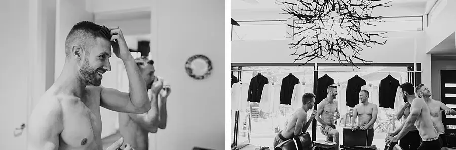 Two black-and-white photographs of men getting ready together in a bright room.