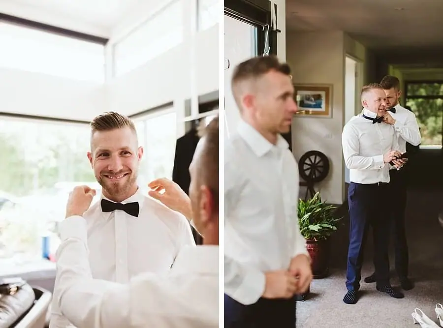Two photographs of men adjusting bow ties and shirts during wedding preparations.