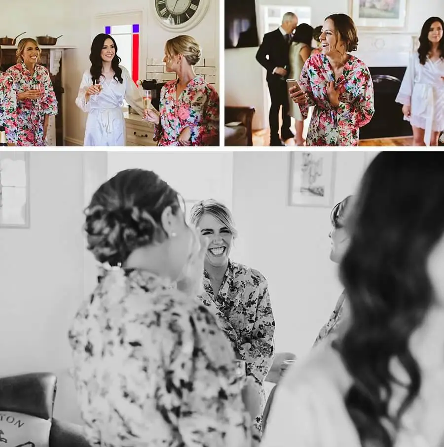 Three photographs of the bride and companions laughing together while getting ready.
