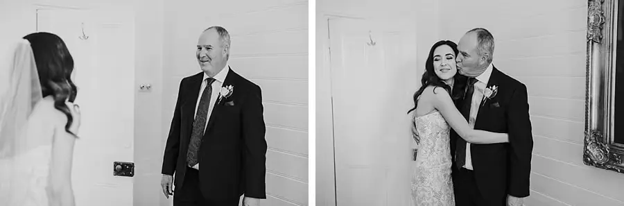 Two black-and-white photographs of a suited man seeing and embracing the bride.