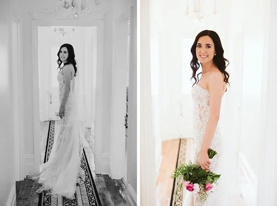 Two portraits of the bride holding a pink and white bouquet in a bright doorway.