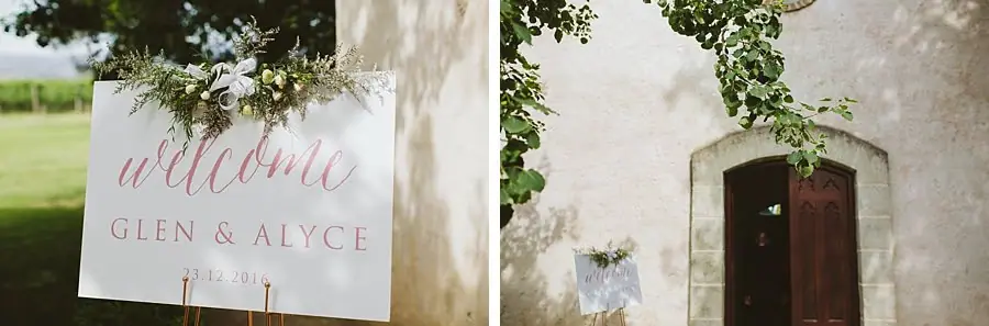Two photographs of a white welcome sign and the chapel's ivy-framed doorway.
