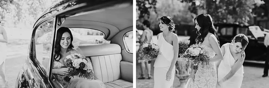 Two black-and-white photographs of the bride in the vintage car and women helping her outside.