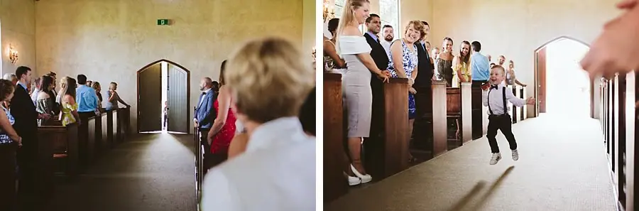 Two photographs of guests standing in chapel pews and a small boy walking down the aisle.