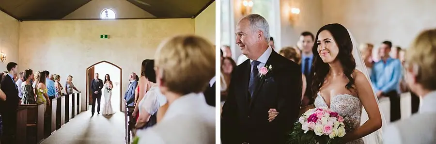 Two photographs of the bride walking down the chapel aisle with a man in a dark suit.