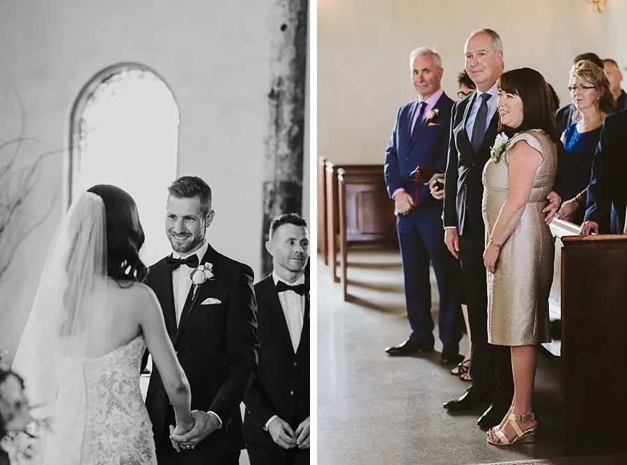 Two photographs of the couple holding hands and guests standing beside chapel pews.