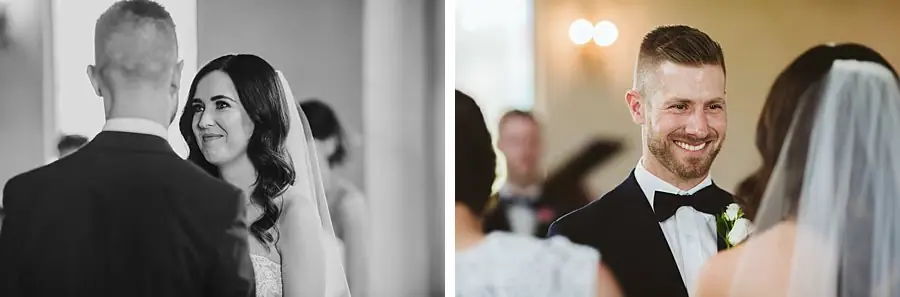 Two close portraits of the bride and groom smiling at each other during the ceremony.