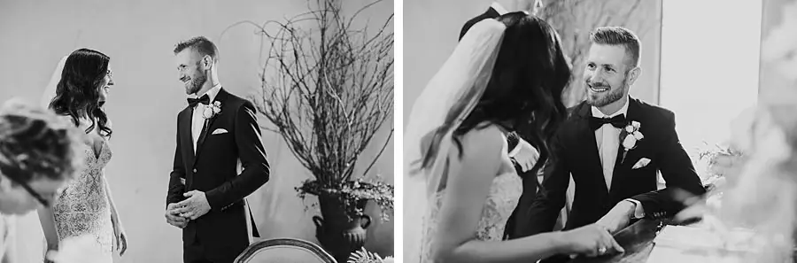Two black-and-white photographs of the couple smiling together after the ceremony.