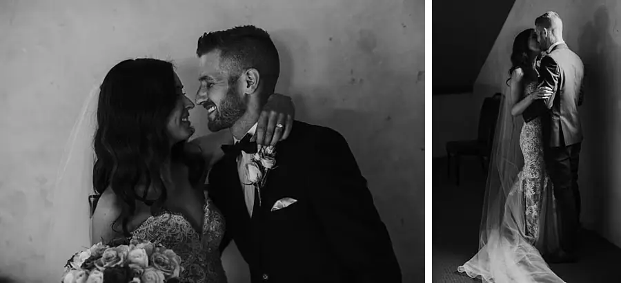 Two black-and-white portraits of the couple embracing in a softly lit interior.