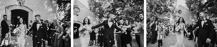 Three black-and-white photographs of guests throwing petals over the couple outside the chapel.