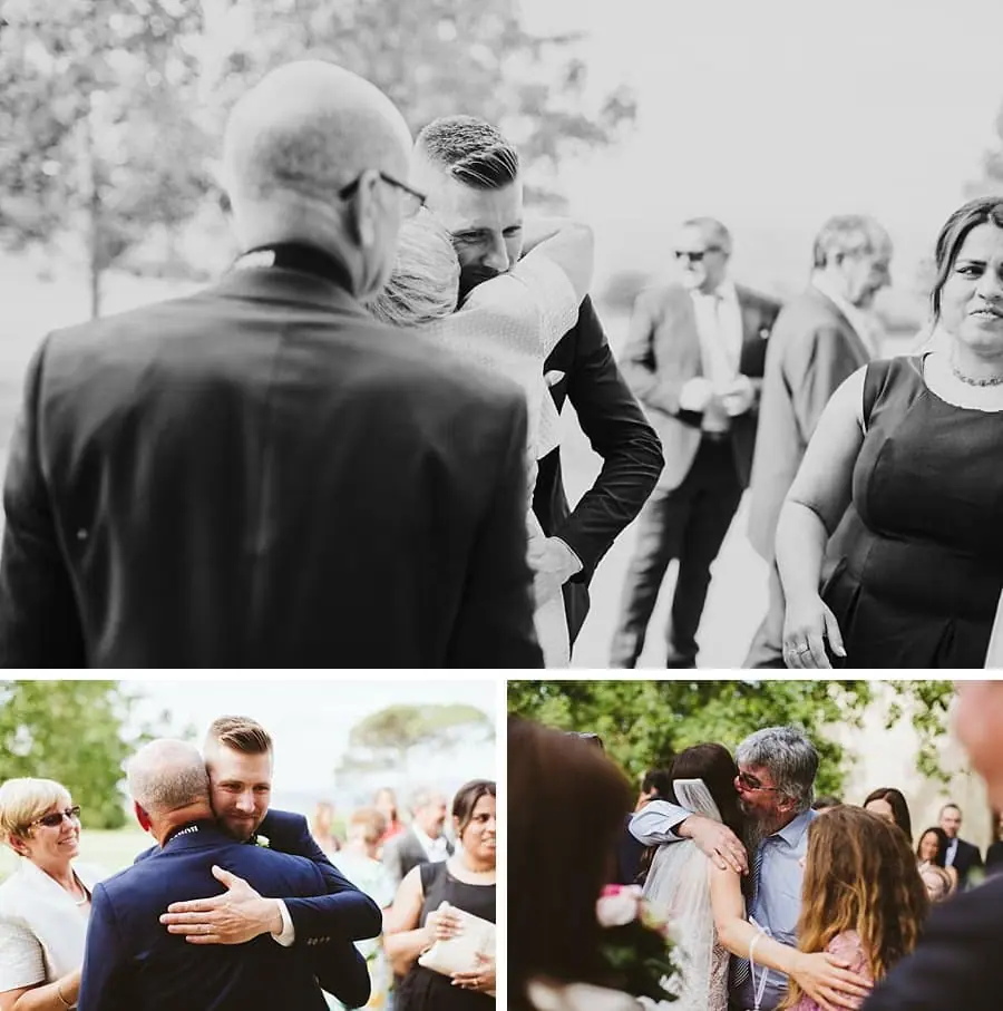 Three photographs of the groom hugging and greeting guests after the ceremony.