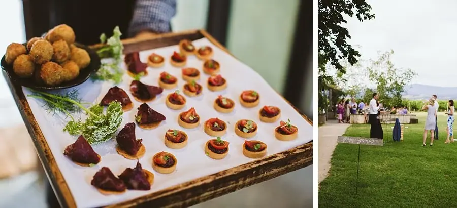 Two photographs of a platter of small canapes and guests chatting on the lawn.