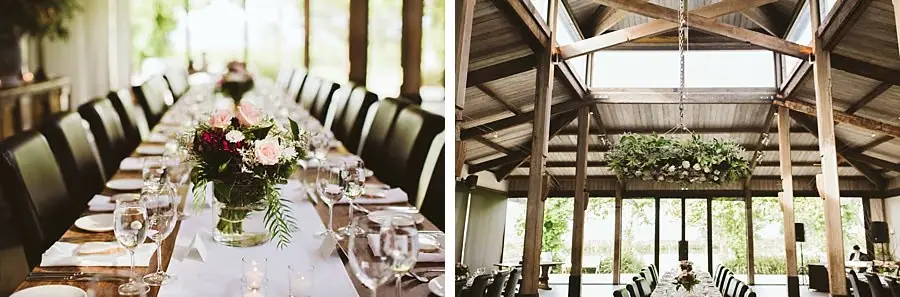 Two photographs of a long reception table and the timber roof beams above it.