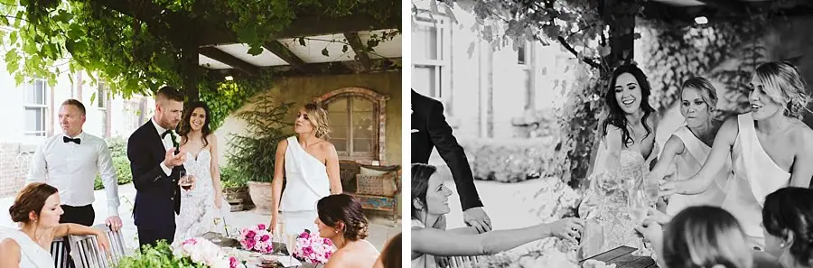Two photographs of the bride and groom greeting guests at reception tables.
