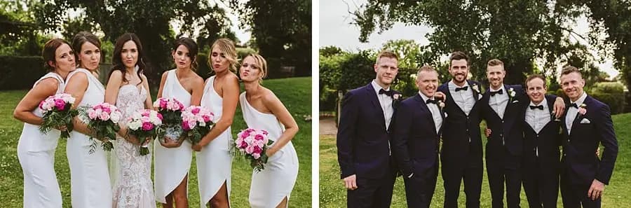 Two portraits of women with bouquets and men in dark suits on the lawn.