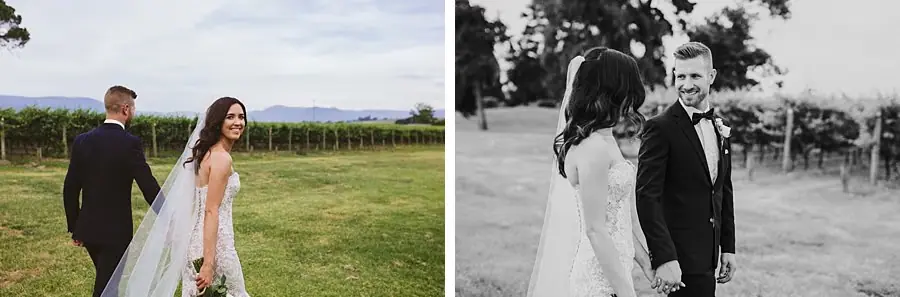 Two photographs of the couple holding hands and looking back on a vineyard lawn.
