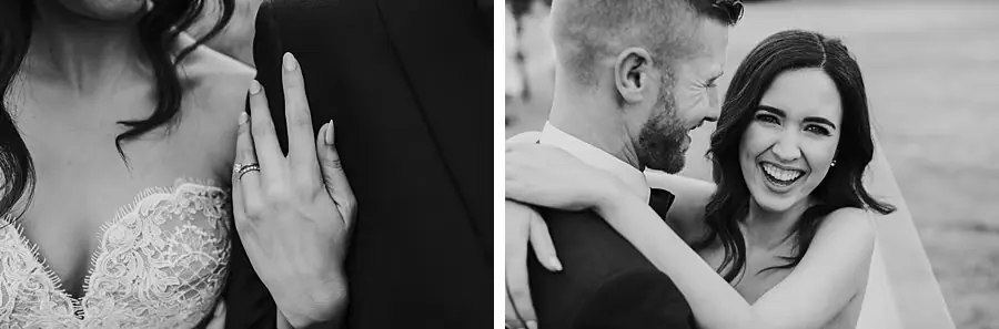 Two black-and-white photographs of the bride's ring and the couple embracing.