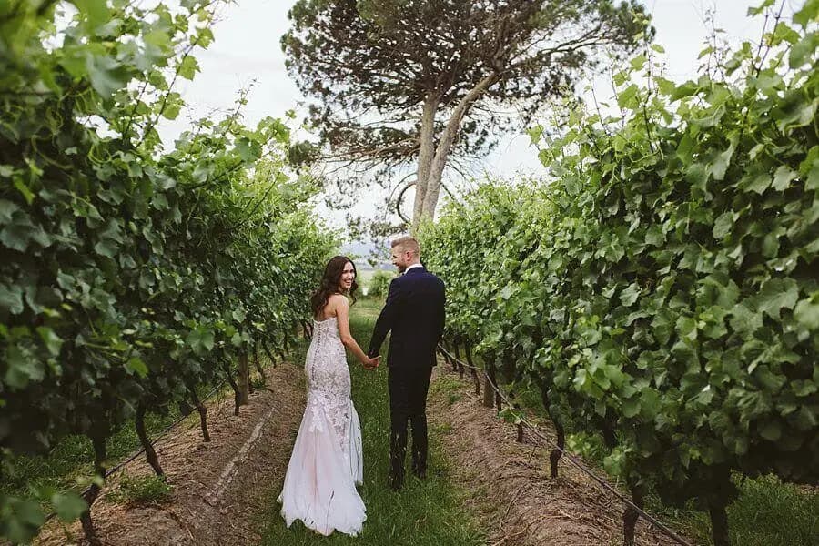 Bride looking back while holding the groom's hand between tall leafy vineyard rows.
