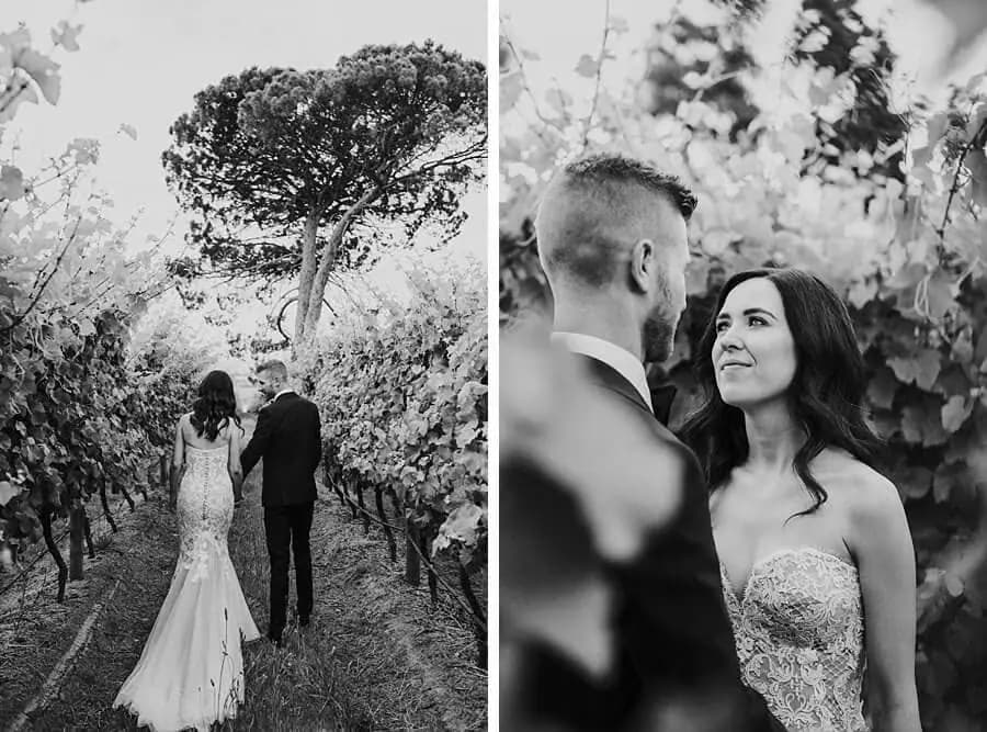 Two black-and-white photographs of the couple walking through vines and facing each other.