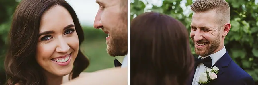 Two close portraits of the bride and groom smiling at each other.
