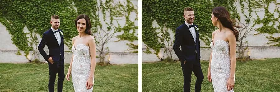 Two portraits of the couple standing on a lawn beside an ivy-covered wall.