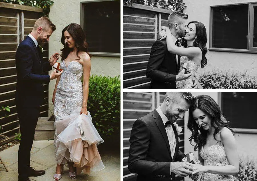 Three photographs of the couple sharing a playful moment outside a timber building.