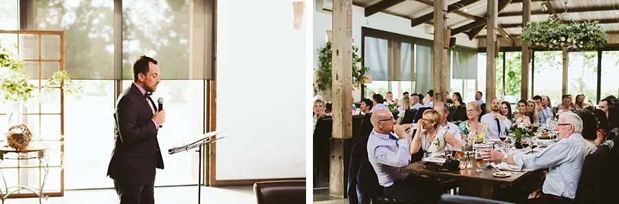 Two photographs of a suited man speaking into a microphone and seated reception guests.