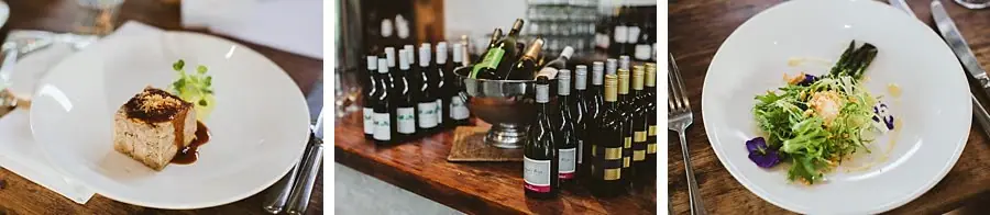 Three photographs of plated food and wine bottles arranged at the reception.