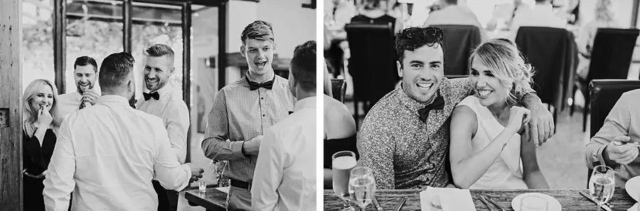 Two black-and-white photographs of guests chatting and smiling at reception tables.