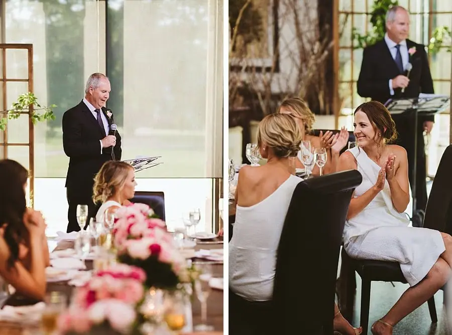 Two photographs of a man speaking into a microphone and the bride listening.
