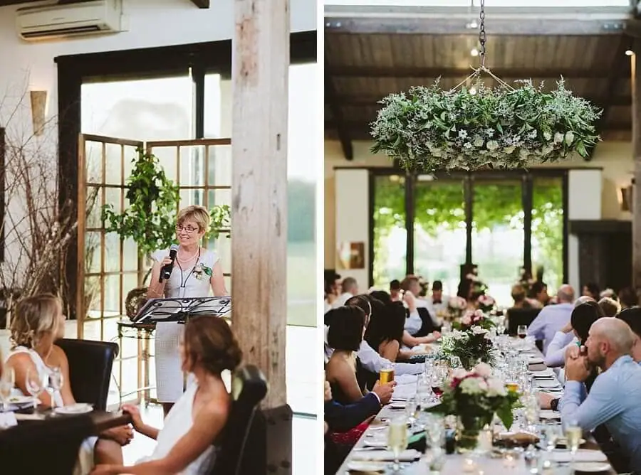 Two photographs of a woman giving a speech and guests beneath hanging flowers.