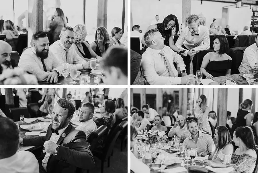 Four black-and-white photographs of guests chatting and laughing around reception tables.