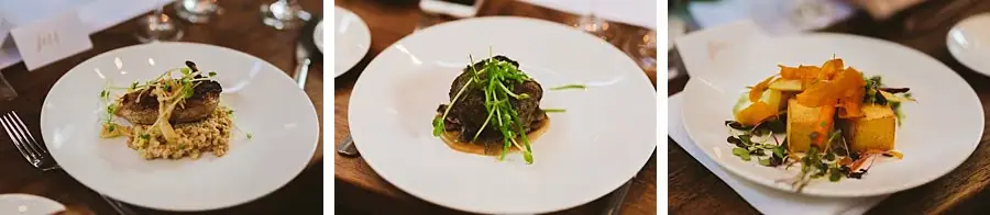 Three photographs of plated reception dishes with vegetables and garnishes.