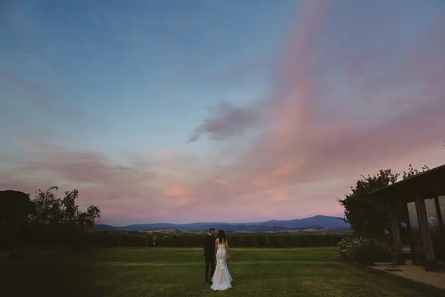 Wide portrait of the bride on the lawn beneath pink sunset clouds.
