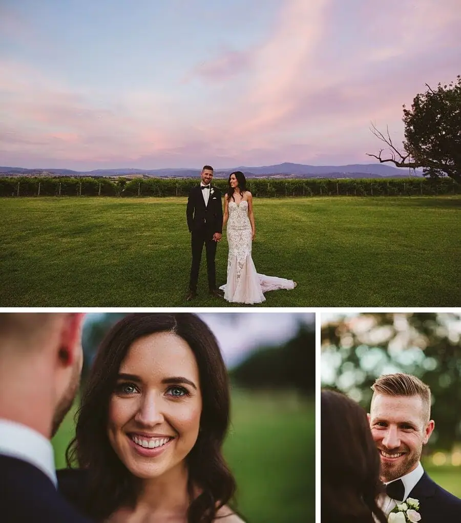 Three portraits of the couple and their faces beneath a pink sunset sky.